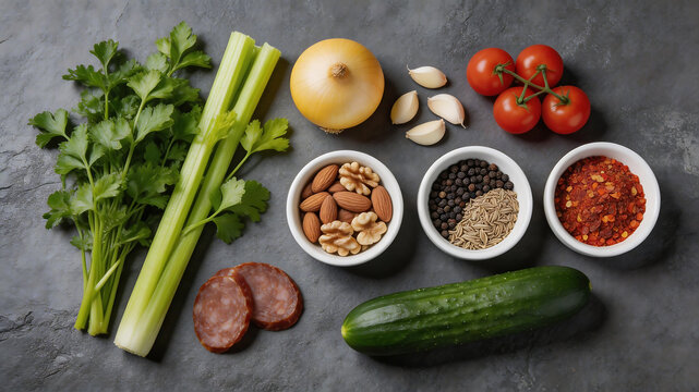 Fresh vegetables nuts and spices arranged highlighting premium dining and culinary arts