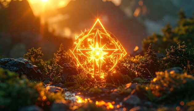 Glowing Geometric Shape in Nature Landscape.