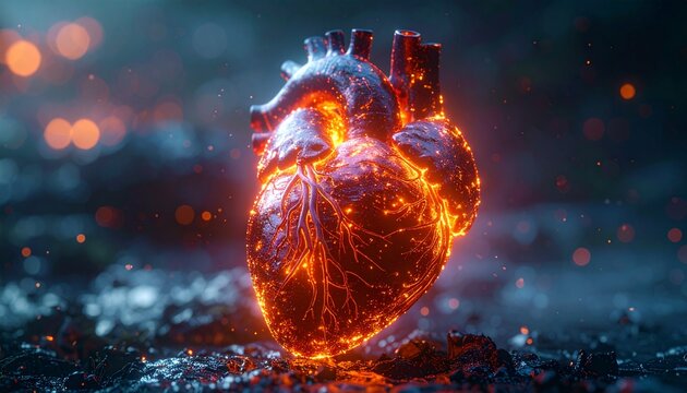Glowing Human Heart on Fire with Passion.