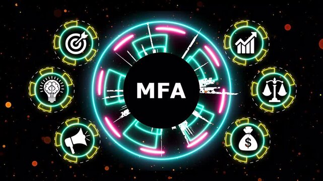 Motion graphics abstract background with business icons and MFA text.