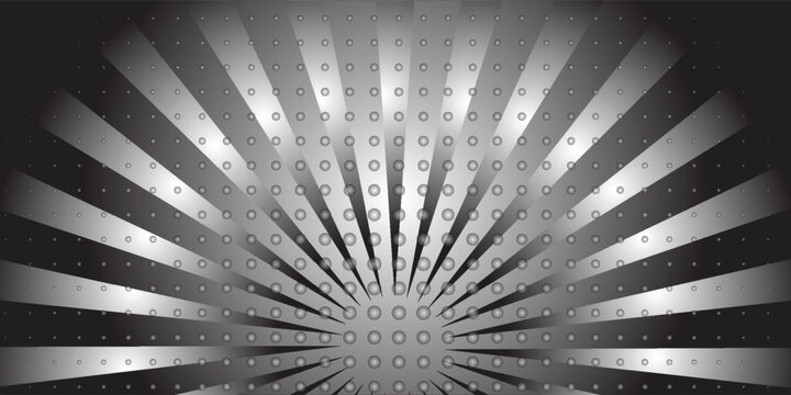 Abstract black and silver comic sunburst background with halftone dot pattern. Retro pop art vector illustration for monochrome banner, cartoon backdrop, futuristic tech poster design.