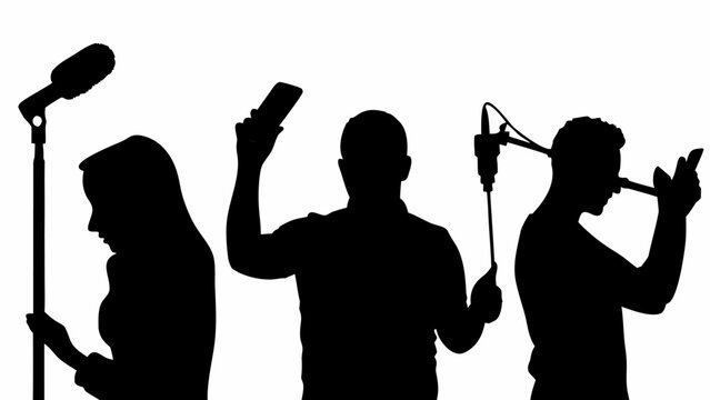 Silhouettes of people holding microphones and smartphones