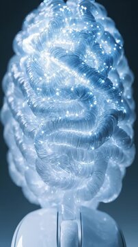 Artificial brain model with glowing fiber optic cables representing medical science technology industrial innovation and research futuristic concept