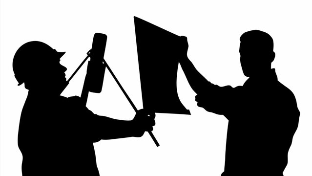 Silhouette of a construction worker and an architect discussing a blueprint