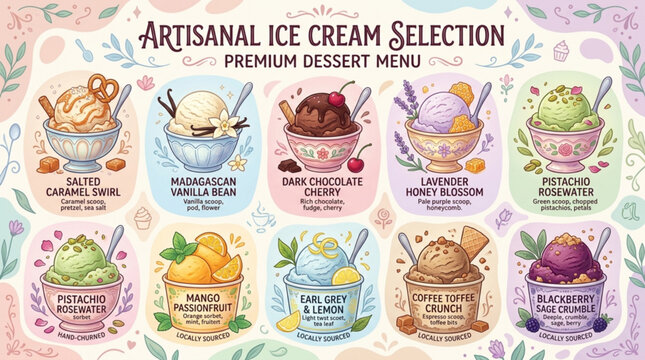 Artisanal ice cream flavors menu with various toppings