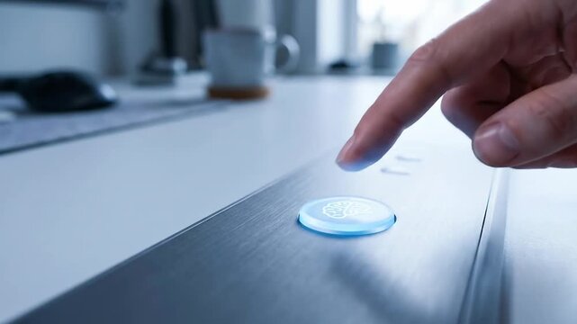Finger pressing illuminated button and biometric scanner sleek metallic surface representing modern technology medical and industrial hand touch