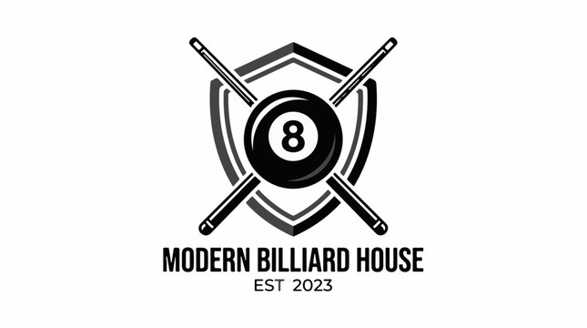 Modern billiard house logo with 8 ball and cues