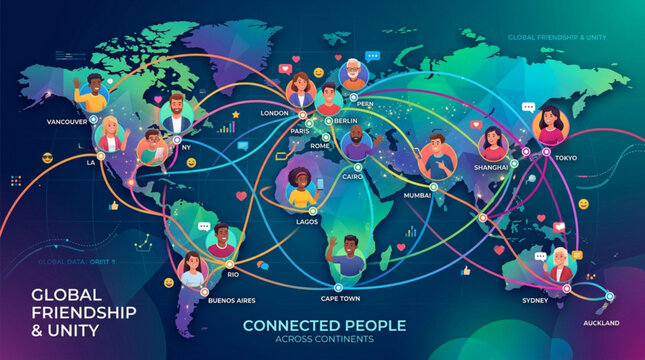 Global friendship and unity concept with connected people across continents