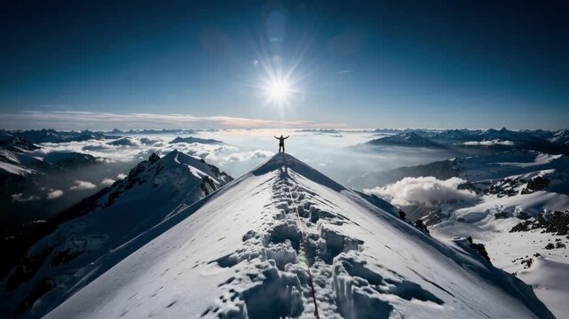 Person standing on snowy mountain peak with breathtaking panoramic view under bright sun and clear blue sky