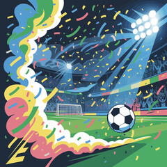 Fototapeta premium Soccer Ball Rolling on Green Field with Confetti and Stadium Lights