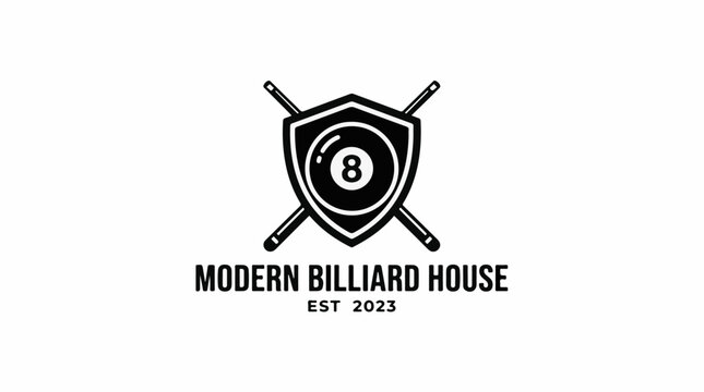 Modern billiard house logo with 8 ball and crossed cues