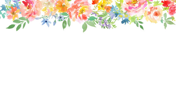 Watercolor summer roses and wildflowers background for banner, web, and wedding invitations. Summer floral drop design. Vector file.