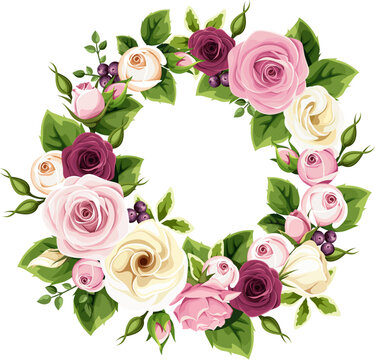 Floral wreath with pink, burgundy, and white rose flowers, lisianthus flowers, and green leaves. Vector floral design element