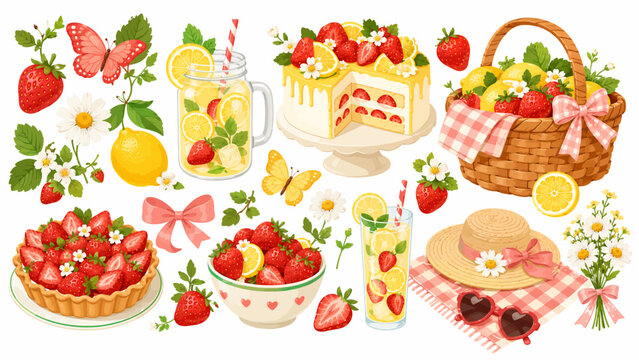 Cute Watercolor Strawberry Lemonade Picnic Clipart Set Featuring Summer Layer Cake Tart and Picnic Basket for Cottagecore Branding and Sticker Designs