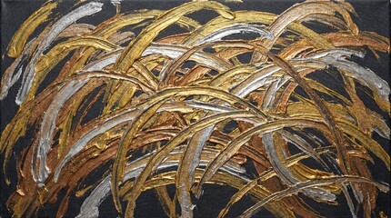 Abstract firework trails rendered with thick metallic gold and silver textured paint on canvas