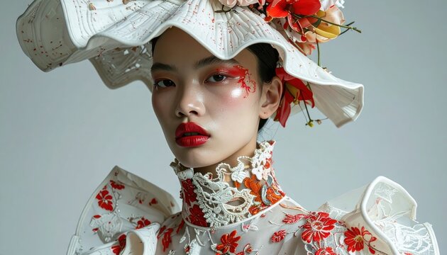Portrait of an Asian woman in a floral hat, couture dress, with dramatic makeup