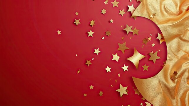 This elegant flat lay festive background features vibrant matte positive red base, warm champagne gold satin with soft folds, deep burgundy papercut round decoration with hollowed four-pointed star