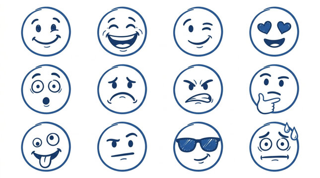 Collection of diverse hand drawn emoji faces.