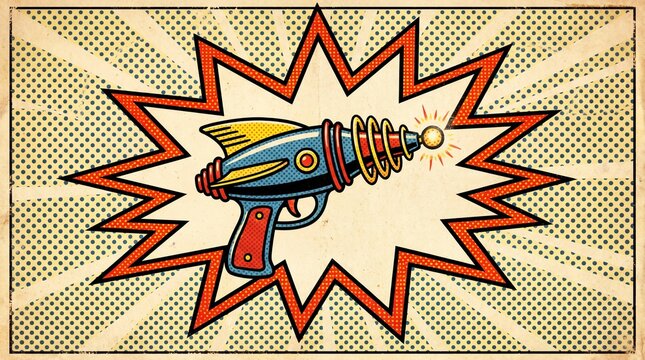 Retro ray gun blasting from a comic book style explosion with vintage halftone dot background and distressed paper texture