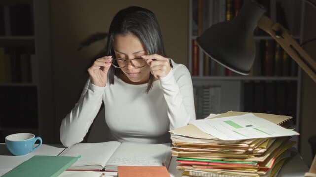 Woman rubbing forehead and holding glasses over open notebooks, books and stacked folders on a desk with lamp and mug in a building at night; tiredness focus.