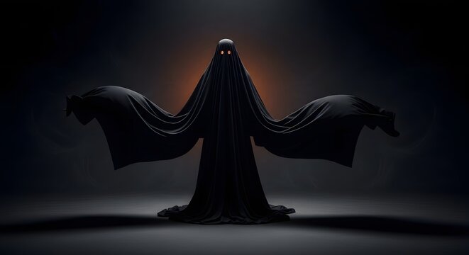 Ghost draped in a dark black sheet stands with glowing eyes in a mysterious and dimly lit environment.