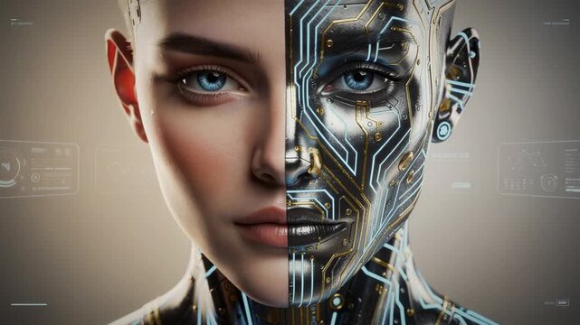 Futuristic human robot hybrid with digital circuit design and realistic blue eyes technology concept