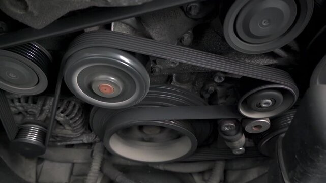 Rotating serpentine belt of a modern car internal combustion engine in motion.