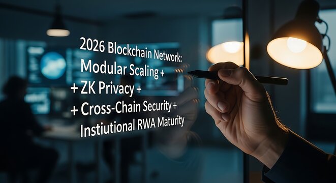 Visualizing future blockchain technology with key advancements like modular scaling, ZK privacy, cross-chain security, and institutional RWA maturity.
