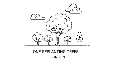 Obraz premium Line Art Trees and Clouds Illustration - Nature Replanting Concept