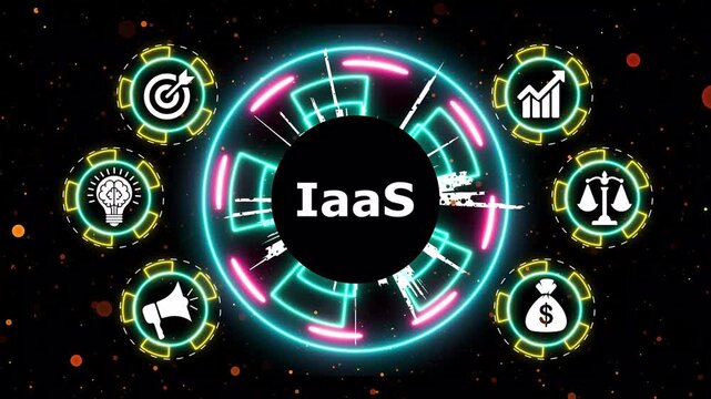 Dynamic IaaS cloud infrastructure diagram with icons illustrating business concepts.