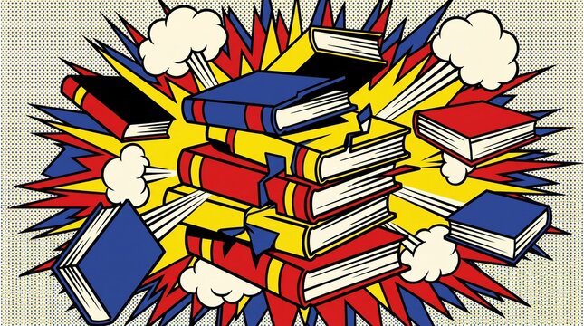 Explosive stack of red, yellow, and blue books bursting with knowledge in a comic book style with halftone dots