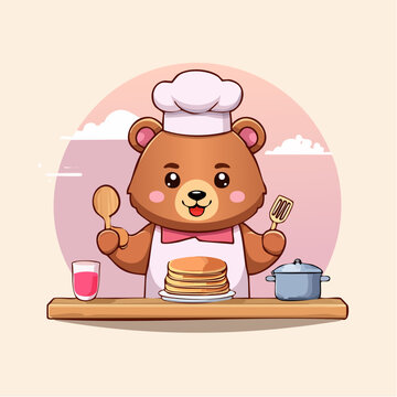 Adorable brown bear chef cooking delicious fluffy pancakes vector illustration. Cute animal character baking breakfast, perfect for kids' menus, bakeries, and commercial branding