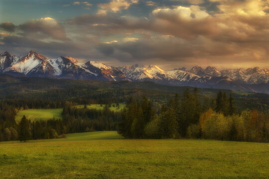 View of the snow-capped Tatra Mountains rising above green meadows and pine forests under a dramatic sunset sky in Lapszanka, Lesser Poland, Poland.