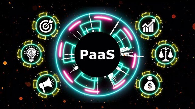Abstract digital platform as a service concept with neon circles and icons motion.