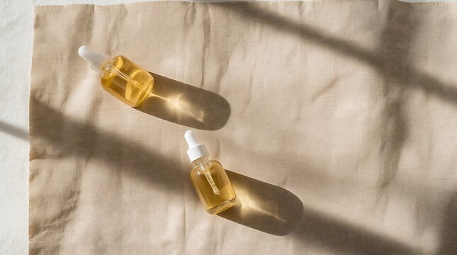 Two amber glass dropper bottles of essential oil on a beige surface with shadows.