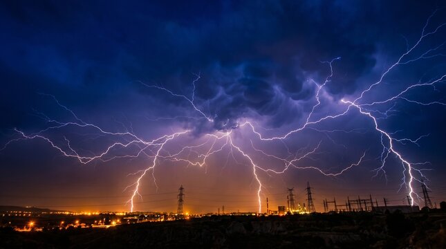 Multiple simultaneous lightning strikes illuminating an electrical substation and power lines under a dark storm sky