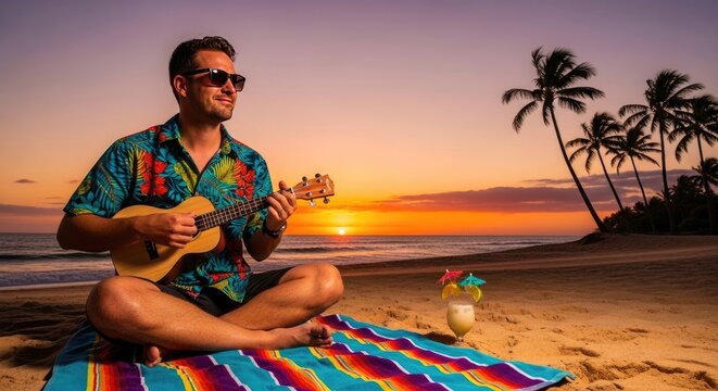 Man playing ukulele on beach at sunset with colorful towel and cocktail