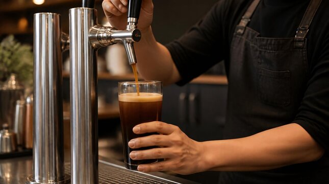 Close up of barista pouring nitro cold brew coffee from a metallic tap into a glass in coffee shop.