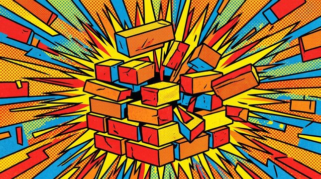 Exploding pile of colorful building blocks with bright geometric background, abstract comic book style illustration