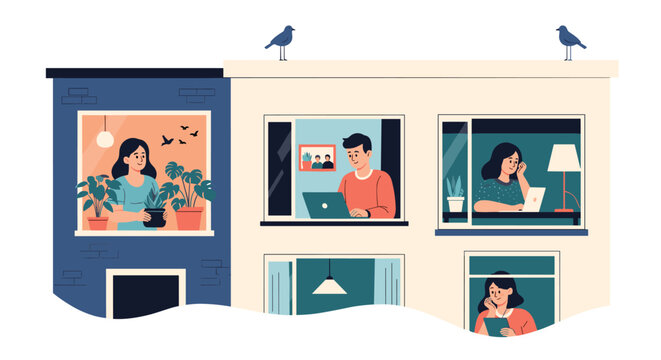 Residents of an apartment building engaging in different activities like gardening and working from their windows.