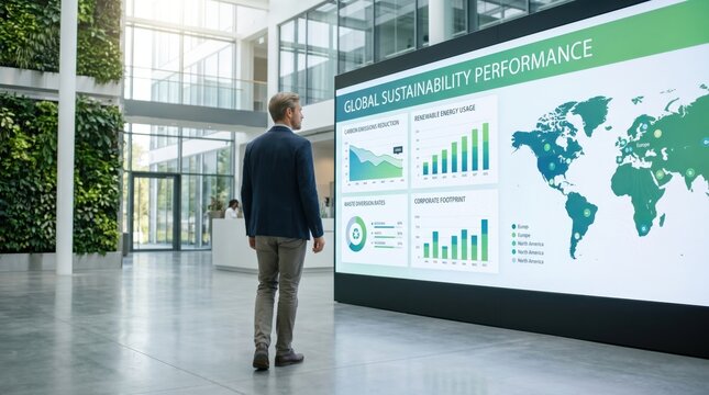 Man viewing global sustainability performance dashboard, large digital screen displaying world map and charts, carbon emission reduction graphs, corporate footprint analysis
