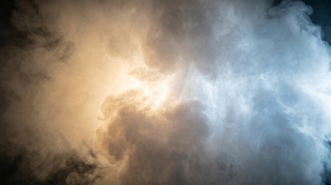 Swirling dense billowing smoke clouds illuminated by a central bright light source with warm and cool tones