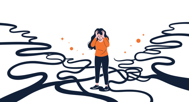 Stressed young woman stands at a crossroad with many tangled and confusing paths while trying to make an important life decision.