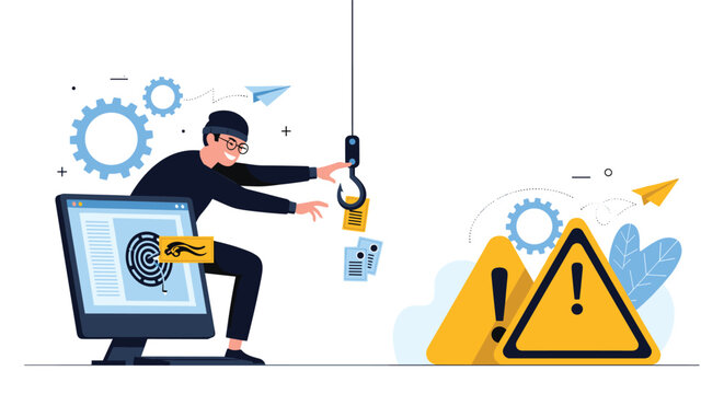 Dangerous cyber criminal wearing a mask uses a giant hook to steal sensitive data and documents from a computer system online.