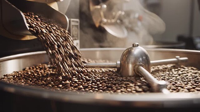A continuous stream of freshly roasted coffee beans falling from a professional drum roaster into a rotating cooling tray, aromatic steam drifting through the air