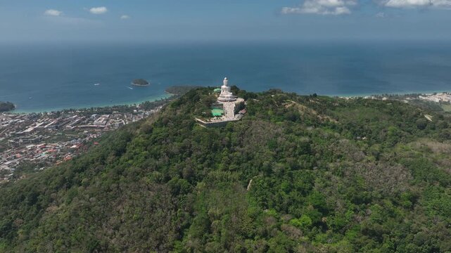 sunny day phuket island famous mountain top big buddha monument coastline aerial panorama 4k thailand