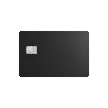 Blank matte black credit card with silver emv chip on transparent background