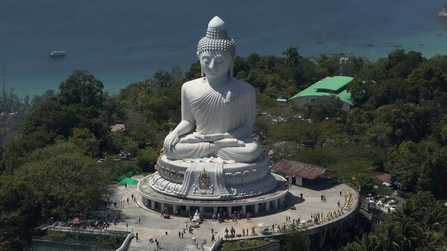 sunny day phuket island famous mountain top big buddha monument coastline aerial panorama 4k thailand