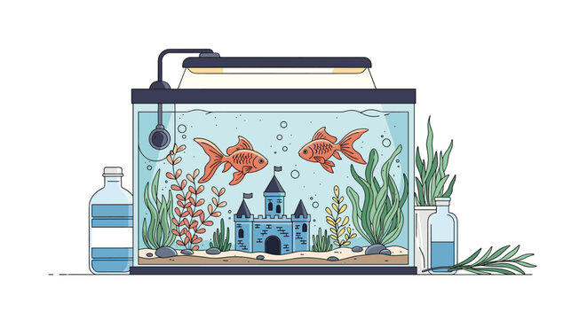 Detailed aquarium setup with two goldfish, water plants, a blue castle decoration, an air pump, and a lighting system.