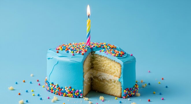 Colorful birthday cake with blue frosting and sprinkles celebrating a special occasion with a single lit candle on a vibrant blue background perfect for party themes and celebrations
